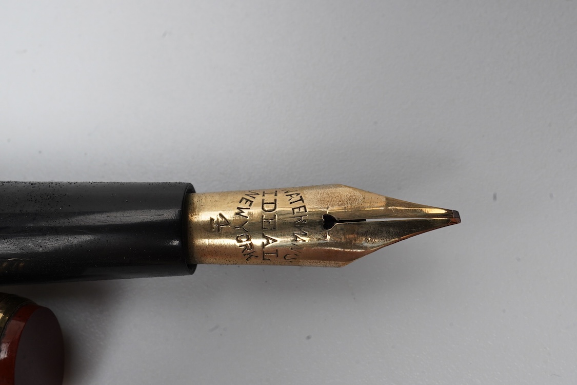 A rare Waterman eye dropper with French control marks with cornelian stone cap top. Highly collectable and sought after pen